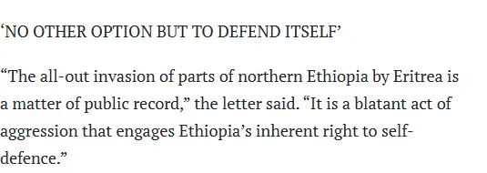 CNBC Africa (Reuters) quoting Ethiopia's letter to the UN: “The all-out invasion of parts of northern Ethiopia by Eritrea is a matter of public record”.