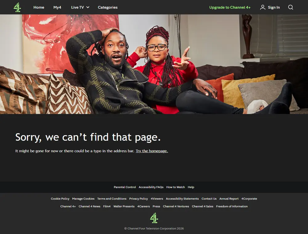 Screenshot of the same address on channel4.com at 14:49 UTC on 9 October 2026, still returning “Page not found” (HTTP status 404).