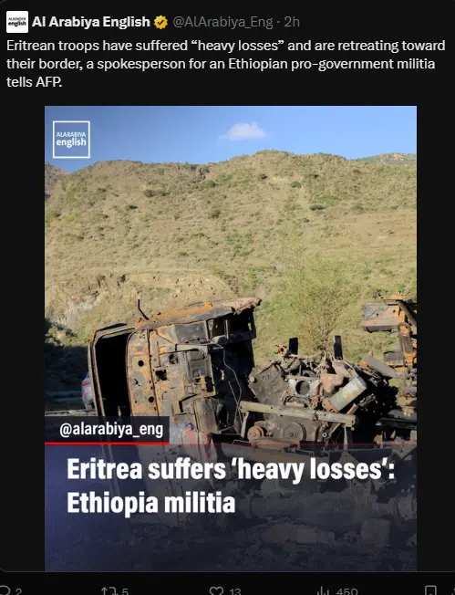 Al Arabiya English post on X, 13 October 2026: a graphic reading “Eritrea suffers ‘heavy losses’: Ethiopia militia” over a photo of a burnt-out vehicle.