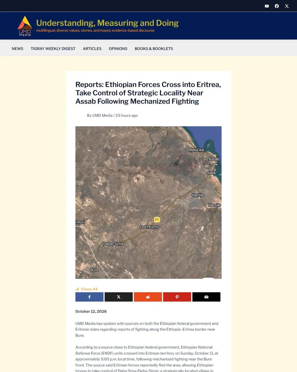 UMD Media report headlined “Reports: Ethiopian Forces Cross into Eritrea, Take Control of Strategic Locality Near Assab Following Mechanized Fighting”, with a satellite map of the Bure–Assab road.