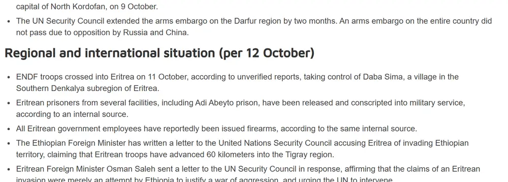 EEPA Situation Report, 12 October 2026: bullet points saying Eritrean prisoners were conscripted and government employees armed, according to an internal source.