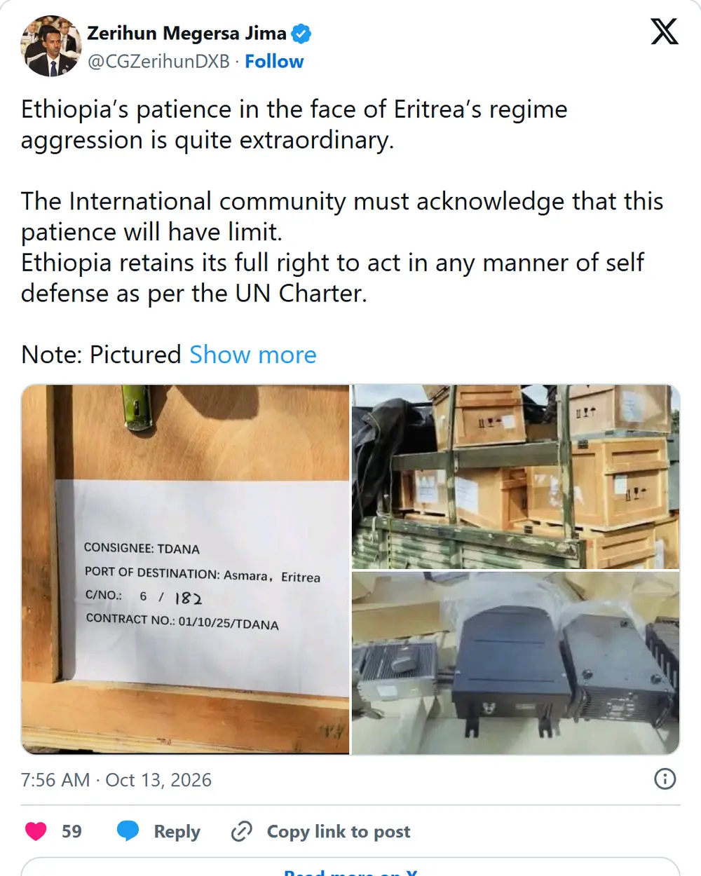 Post on X by Zerihun Megersa Jima, 13 October 2026, with three photos: a crate label reading “Consignee: TDANA, Port of destination: Asmara, Eritrea”, wooden crates on a truck, and boxed electronic equipment.